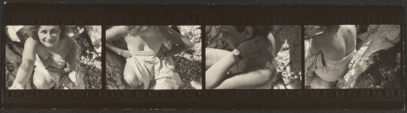 [Contact print-strip from four 37mm negatives: woman in bathing suit and cloth wrapped seen from above]