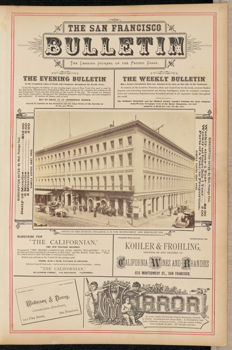 Office of the Evening Bulletin, North East Corner Montgomery and Merchant Streets