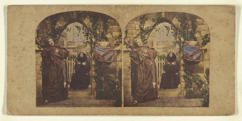 [Genre scene: two monks in an archway of a church, both with dramatic faces]