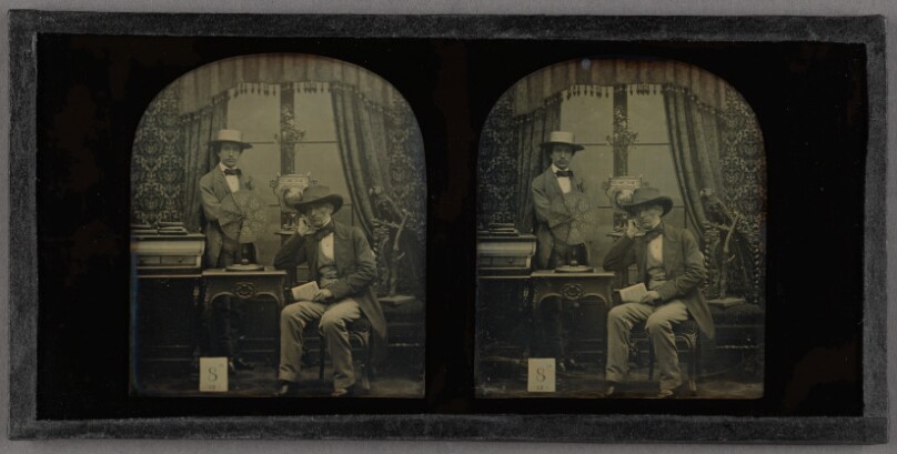 [Self-portrait of Antoine François Jean Claudet and his son Henri Posed with His Invention, The Focimeter]