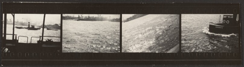 [Contact print-strip from four Leica negatives: ship and water views from ship]