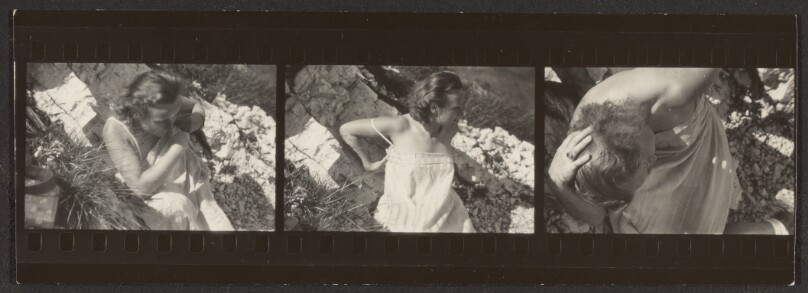 [Contact print-strip from three Leica negatives: woman in sundress from above]