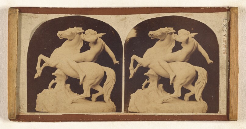 [Unidentified sculpture of a nude woman on a horse] (recto); [View in Wales (?)] (verso)