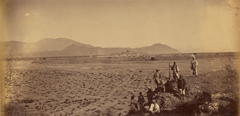 Jumrood Fort and Camp, from right bank of Khyber stream, looking towards Mohmund Hills