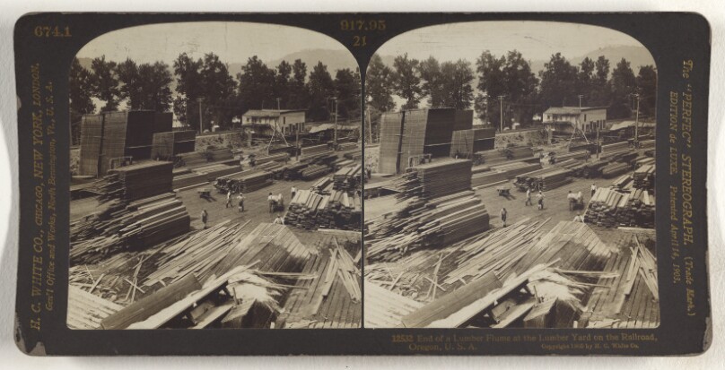 End of a Lumber Flume at the Lumber Yard on the Railroad, Oregon, U.S.A.