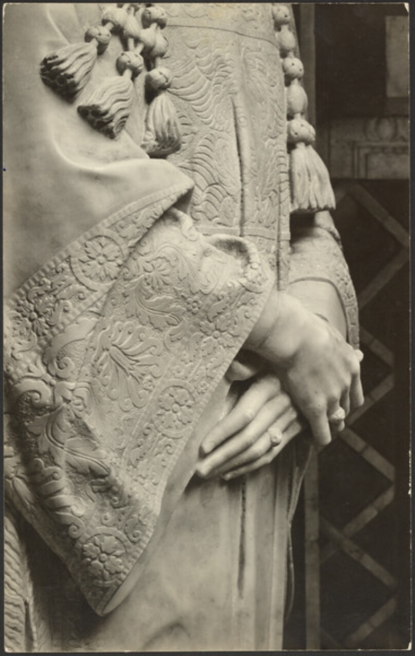 [Another view of the Cardinal's tomb - detail of hands by Antonio Rossellino]