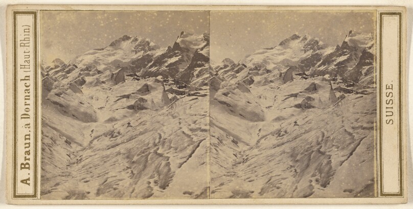 Canton des Grisons. Haute Engadine; pic Bernina (12475'), pic Rosegg (12092') et glacier de Morteratsch.