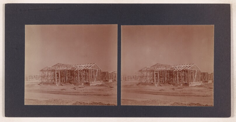 [Frame of unfinished house] (recto); [Gladiolus in garden] (verso)