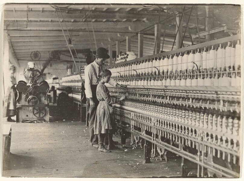[Man with Girl at Spinning Machine, South Carolina Cotton Mill]