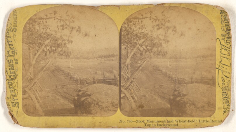 Zook Monument and Wheat-field; Little Round Top in background.