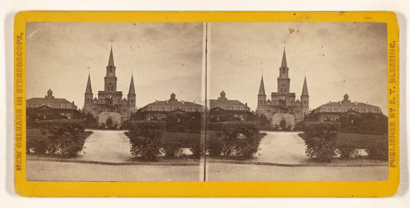 Jackson Square, Showing the Monument of Jackson in the centre, and in the distance the Cathedral, with City Court Houses...