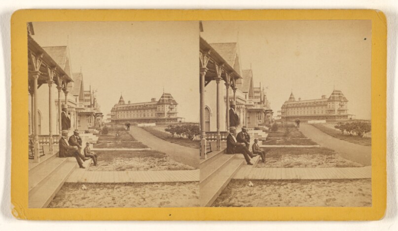 [Street scene, several men on porches, possibly at Hartford, Connecticut]