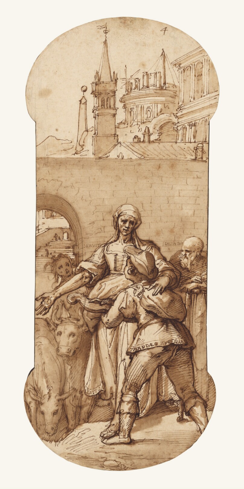 Taddeo at the Entrance to Rome Greeted by Toil, Servitude, and Hardship, and by Obedience and Patience (the Ass and Ox) (99.GA.6.4)
