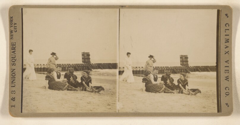 [Group of people at the beach, possibly on Long Island, New York]