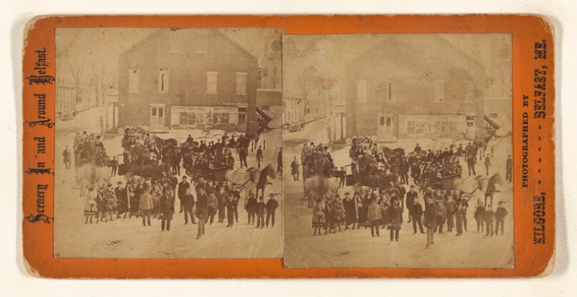 [Large group of people standing in town square at Belfast, Maine]