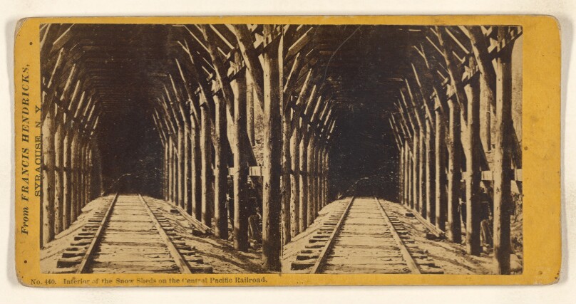 Interior of the Snow Sheds on the Central Pacific Railroad.