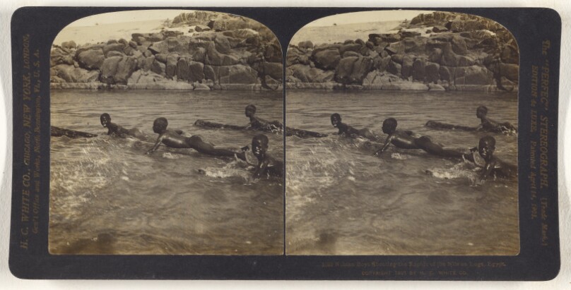 Nubian Boys Shooting the Rapids of the Nile on Logs, Egypt.