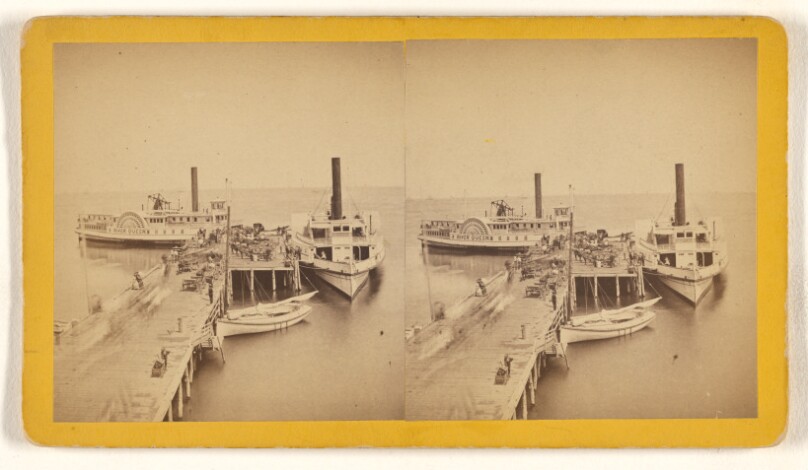 [Dock scene showing several boats, one being the "River Queen", possibly at Hartford, Connecticut]
