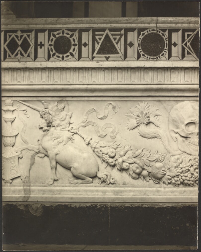 Detail, Unicorn and Deaths Head, by Antonio Rossellino.