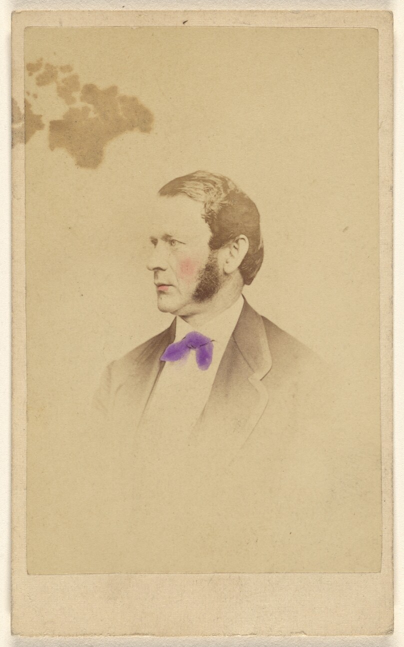 [Unidentified man with long sideburns, in profile, printed in vignette-style]