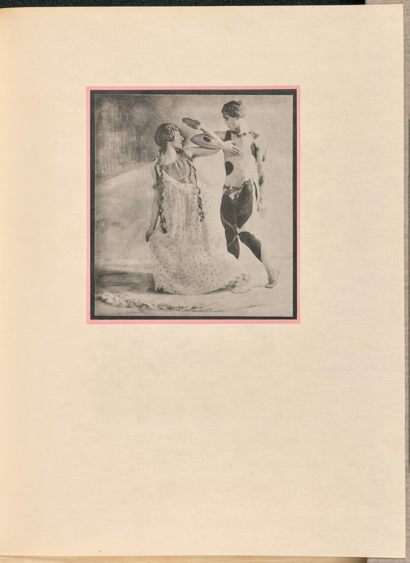 [Waslaw Nijinsky as the Faun and a female dancer as a nymph, locking arms]