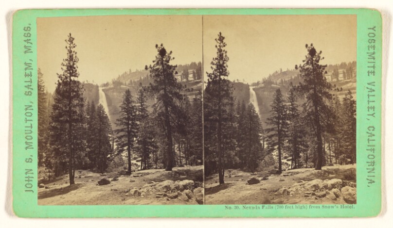 Neveda Falls (700 feet high) from Snow's Hotel. [Yosemite Valley, California]