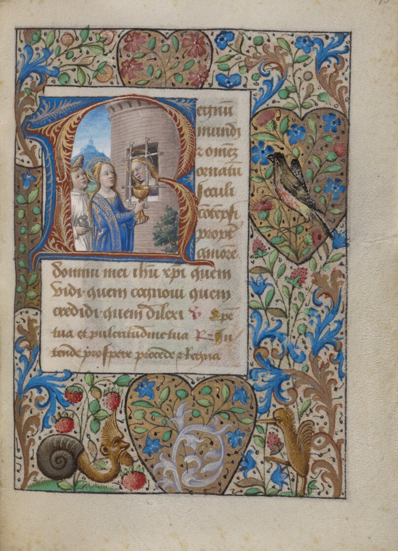 Initial R: Saint Avia in Prison Receiving Communion from the Virgin