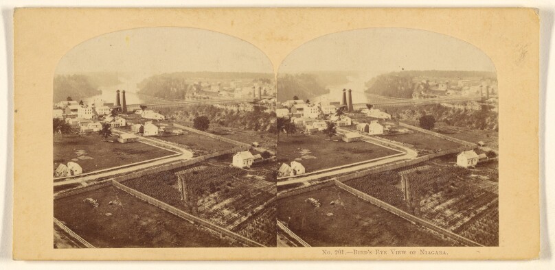 Bird's Eye View of Niagara, The Great Suspension Bridge, Niagara River, and Falls.