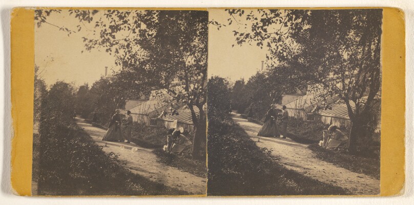 [Family scene in yard of humble house, Lowell, Mass.]