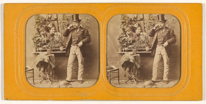 [Well-dressed man in top hat twirling his moustache, two women gazing at him through an open window]