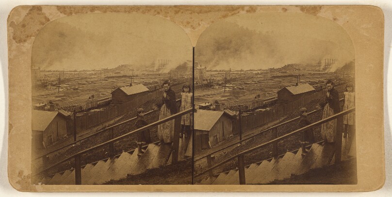 The Great Johnstown Flood, May 31, 1889. A view taken from the stairway to Prospect Hill. In the distance is the Stone Bridge...