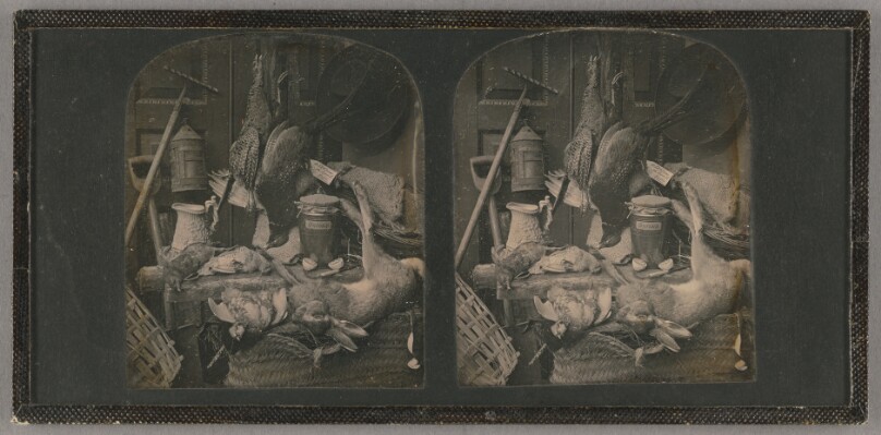 [Still life with game, a container of onions, and garden tools] / [Farm implements, game, and provisions]