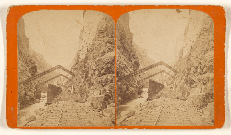 The Iron Bridge, at Royal Gorge, Grand Canon of the Arkansas. Whole length of Bridge, 282 feet, divided by means of...supports..