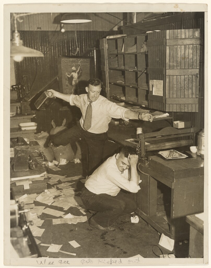Weegee Clowning with Manager George Watson at Acme Newspictures, Hollywood, California