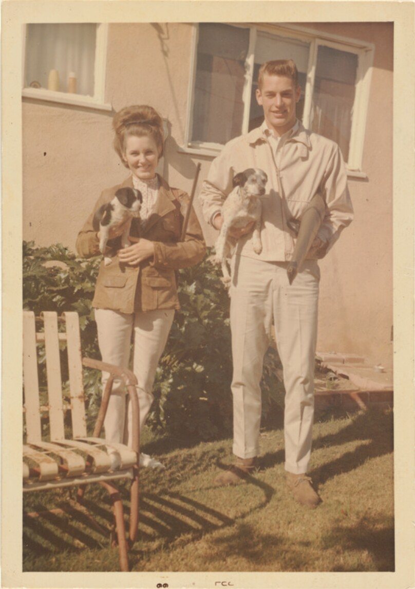 [Man and woman with puppies]