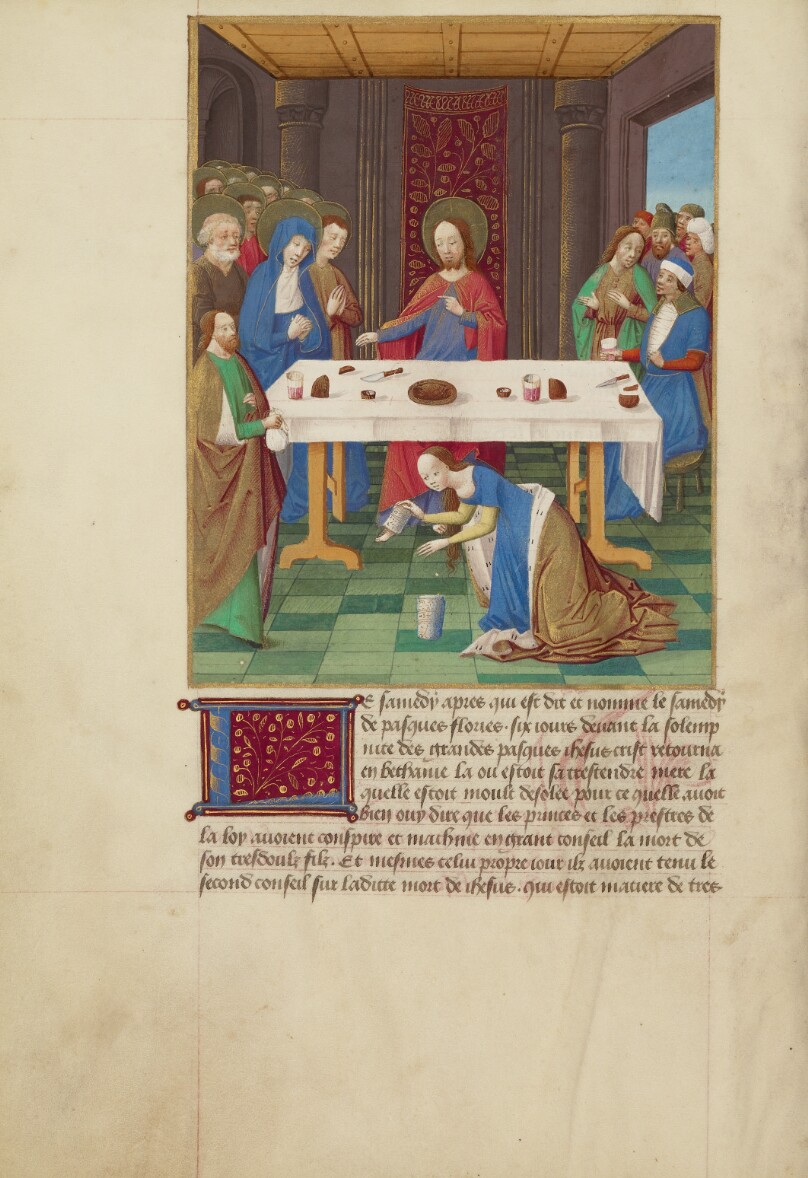 Mary Magdalene and Martha Inviting Christ and the Virgin to Dinner at the Home of Their Cousin Simon the Leper Where the Magdalene Annoints Christ's Feet