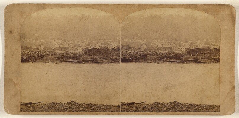 The Great Johnstown Flood, May 31, 1889. A view over the Conemaugh river, just above Johnstown. Ruins of the Gauthier Steel Works.