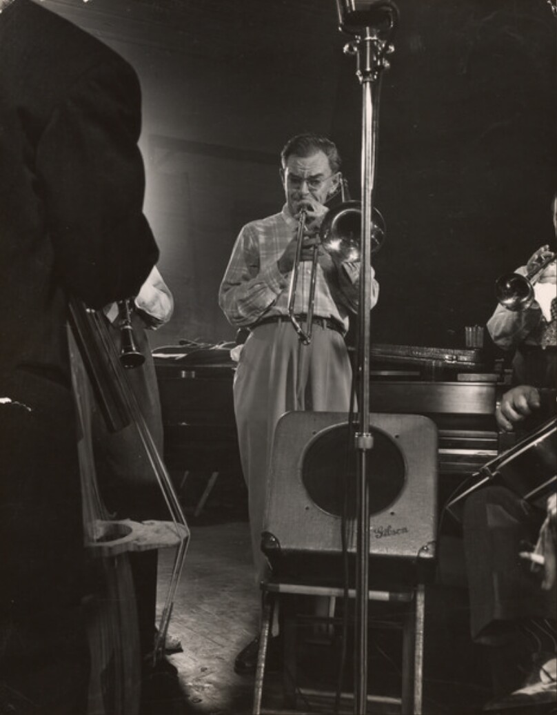 [Jazz Trombonist and Band Leader Milfred "Miff" Mole Takes a Chorus on "Royal Garden Blues" During a Jam Session at the Studio of Gjon Mili in New York City]