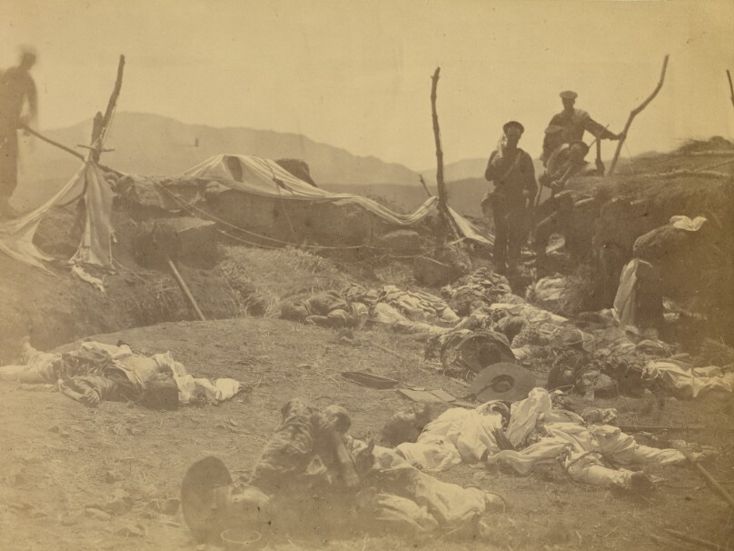 After capture of 2nd Fort Corea - view of dead Coreans. Lt. McKee of Kentucky mortally wounded near this spot.