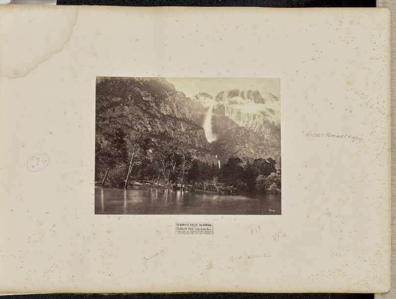 Yo-Sem-i-te Valley, California. Yo-Sem-i-te Falls, (Large Grizzly Bear). 2,700 Feet Fall, Viz: Upper Fall, 1,600; Cataracts and Small Falls, 700; Lower Fall, 400 Feet