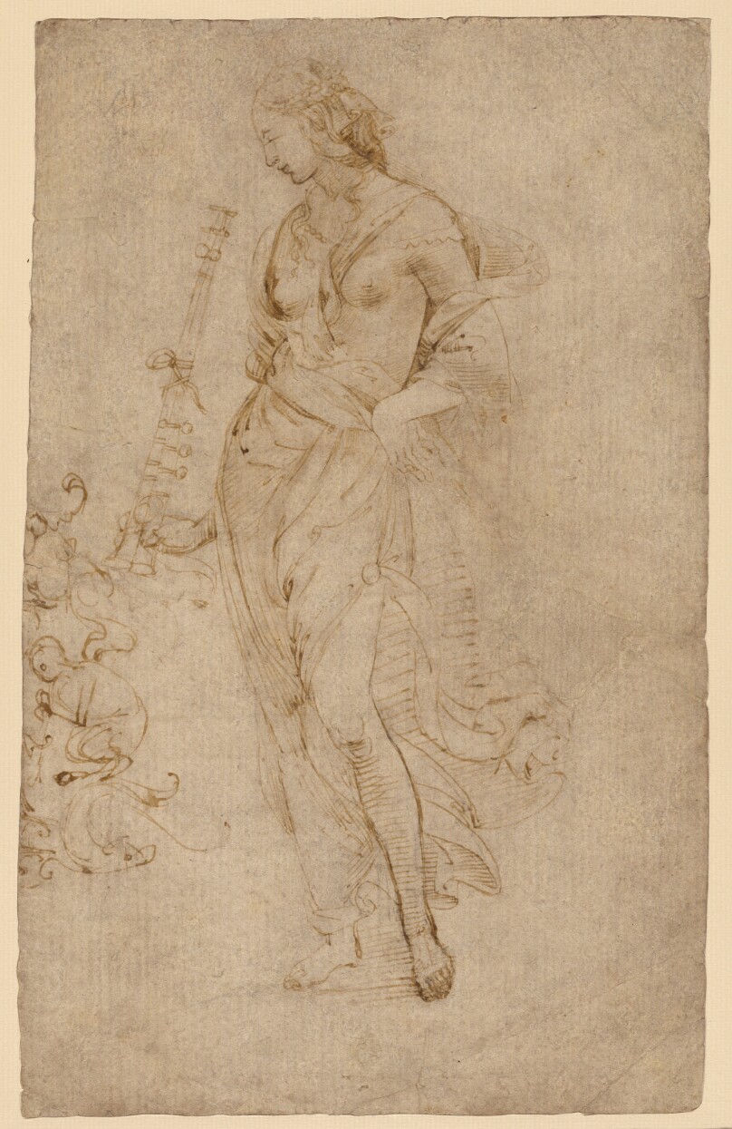Female Figure with a Tibia, and Ornamental Studies (recto); Ornamental Studies (verso)