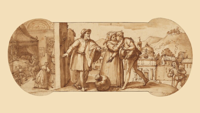 Taddeo Returning Home with the Sack of Stones and in Bed Recovering from His Fever