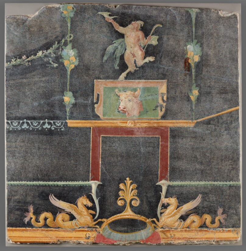 Wall Fragment with Dancing Satyr, Hippocamps, and other Decorative Motifs on Black Ground