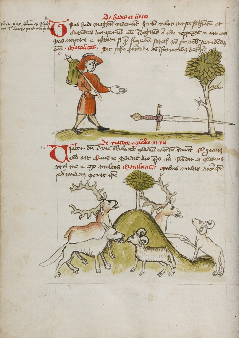 A Traveler Finding a Sword under a Tree; A Stag and a Sheep, a Wolf and a Sheep