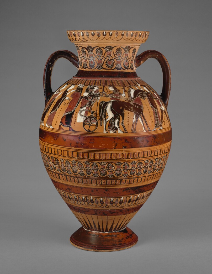 Attic Black-figure "Tyrrhenian" Amphora with (A) a Wedding Procession and (B) a Combat Scene