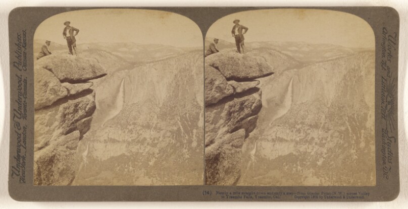 Nearly a mile straight down and only a step - from Glacier Point (N.W.) across Valley to Yosemite Falls, Yosemite, California.