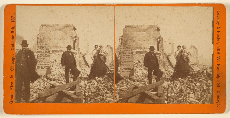 Great Fire in Chicago, October 9th, 1871. [Group of people standing in front of rubble of Merchants, Farmers & Mechanics Bank]