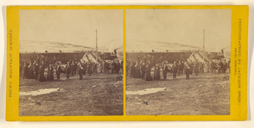 [Unidentified group during a train stop on the Union Pacific Railroad, somewhere on the plains in the Rocky Mountains]