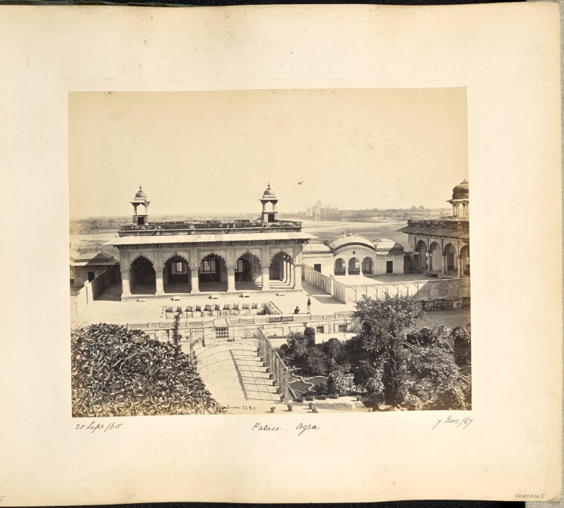Agra; The Fort, the Palace of Akbar with the Taj in the distance