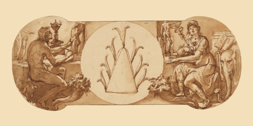 Allegories of Study and Intelligence Flanking the Zuccaro Emblem (99.GA.6.20)